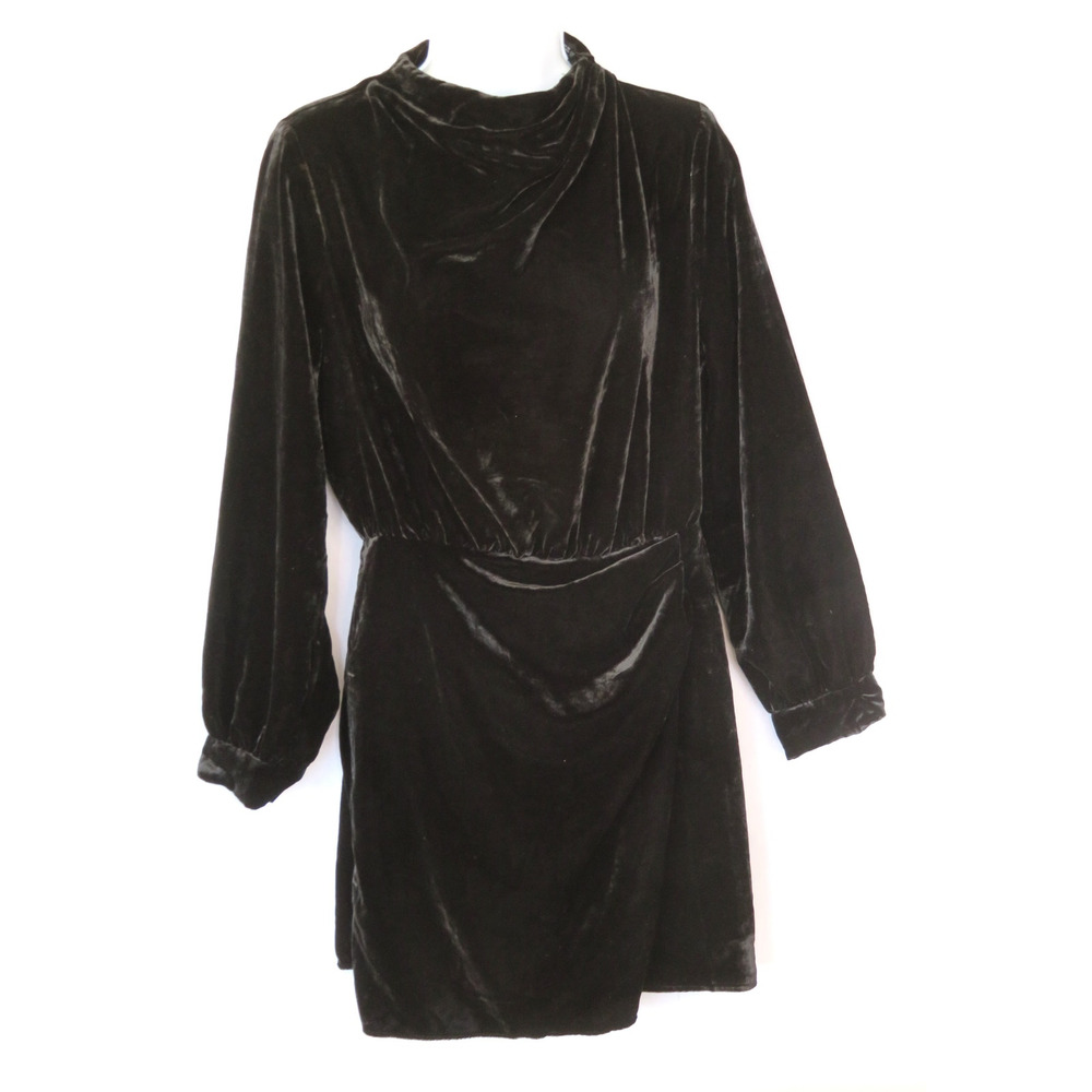 New ZARA Black Velvet Long Sleeve Cowl Neckline Mini Dress Women Sz M